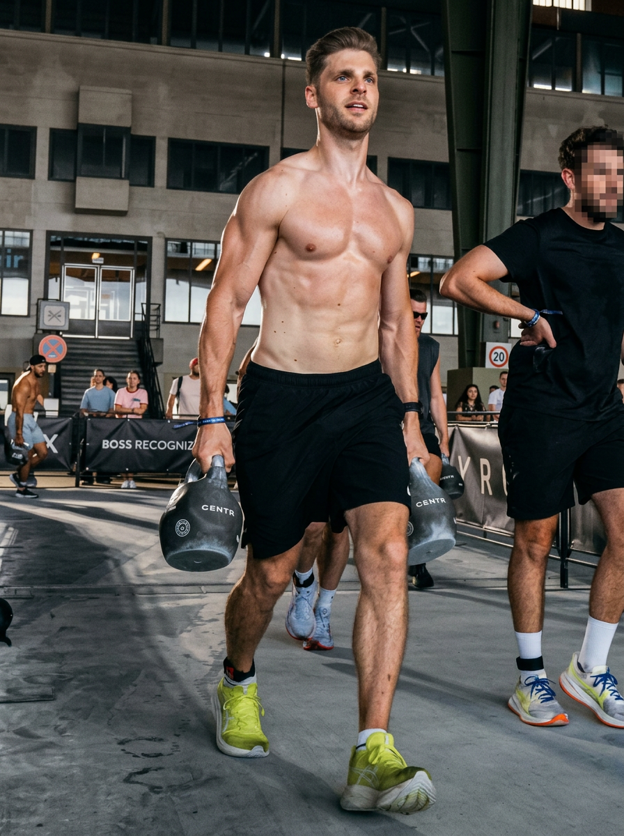 Felix Laux beim Farmers Carry mit Kettlebells im HYROX-Wettkampf